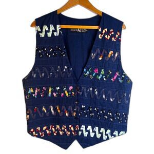AJ VTG Patchwork Quilted VEST ZigZag Pattern 100% Cotton Eclectic Size XL Navy